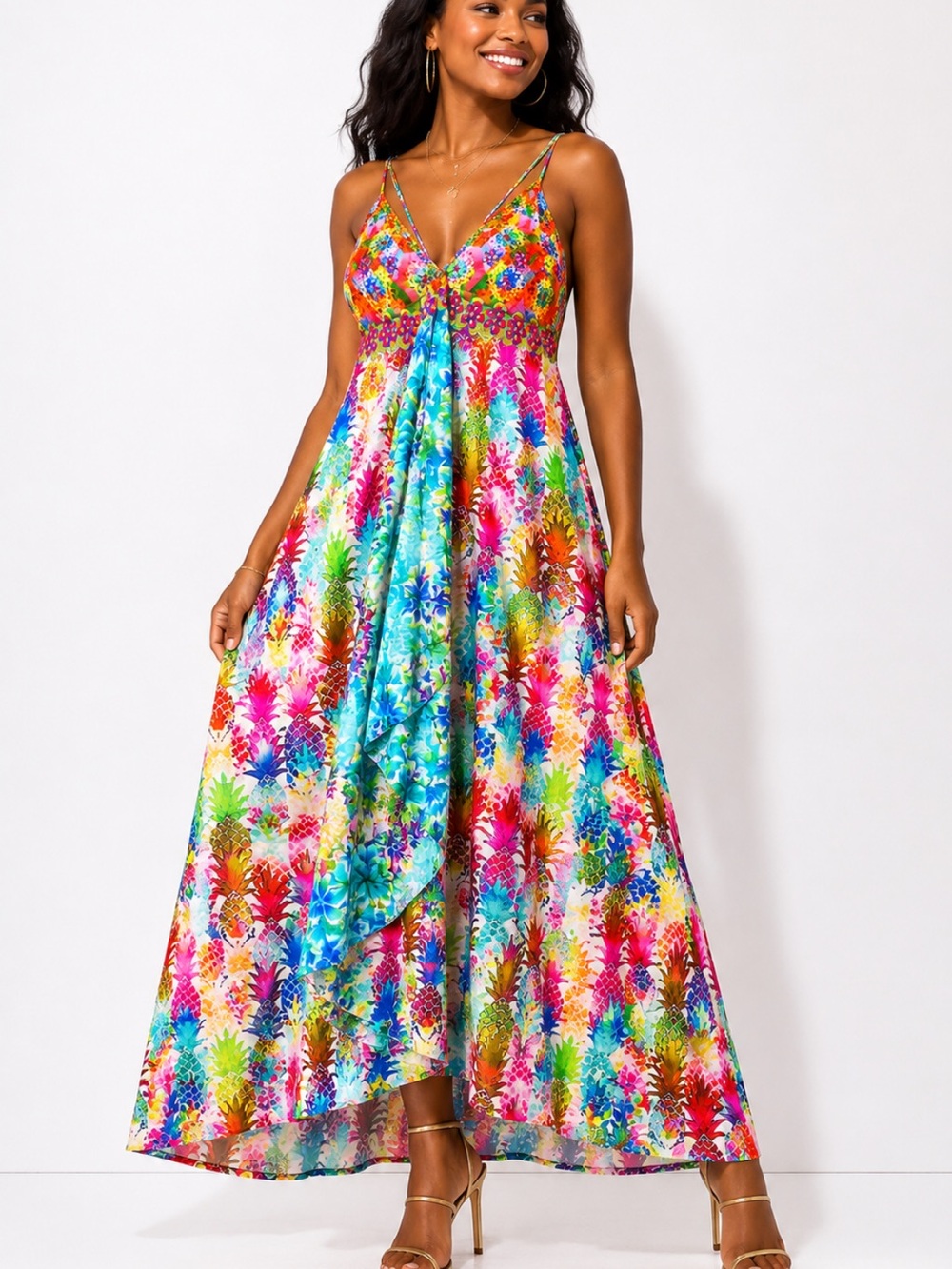 Bright Multicolor Tropical-Print Maxi Dress with V-Neck